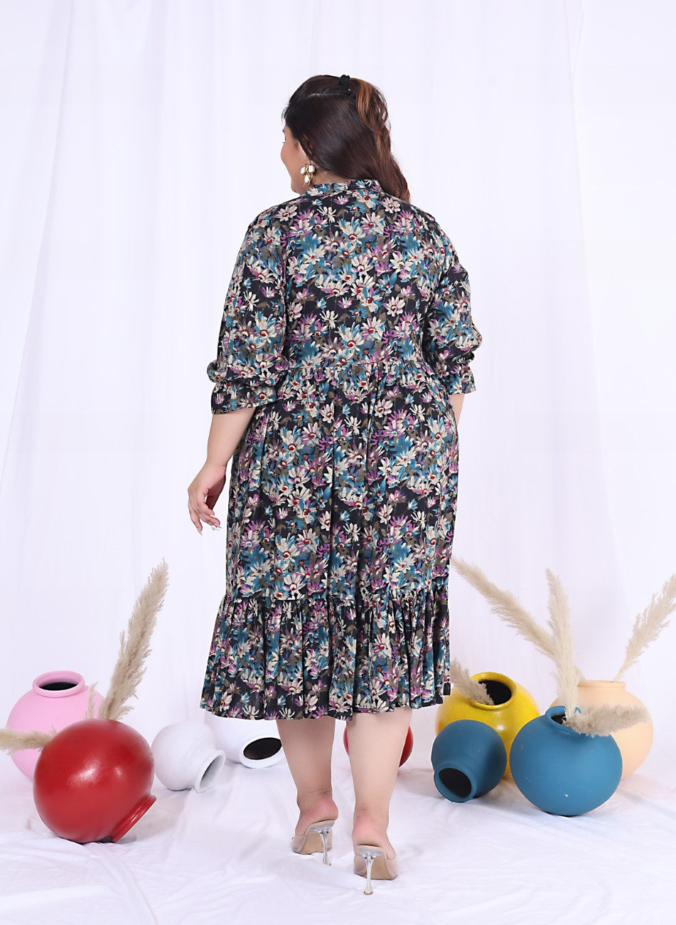 Plus Size Black Cotton Flared Frock Style-600015 Secondary image