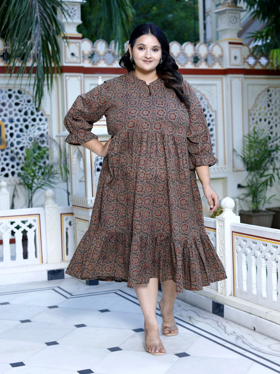 Plus Size Brown Cotton Flared Frock Style-600016 Main image