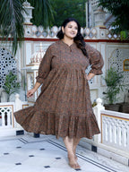 Plus Size Brown Cotton Flared Frock Style-600016
