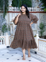 Plus Size Brown Cotton Flared Frock Style-600016