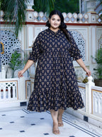 Plus Size Black Cotton Flared Frock Style-600017