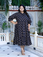 Plus Size Black Cotton Flared Frock Style-600017