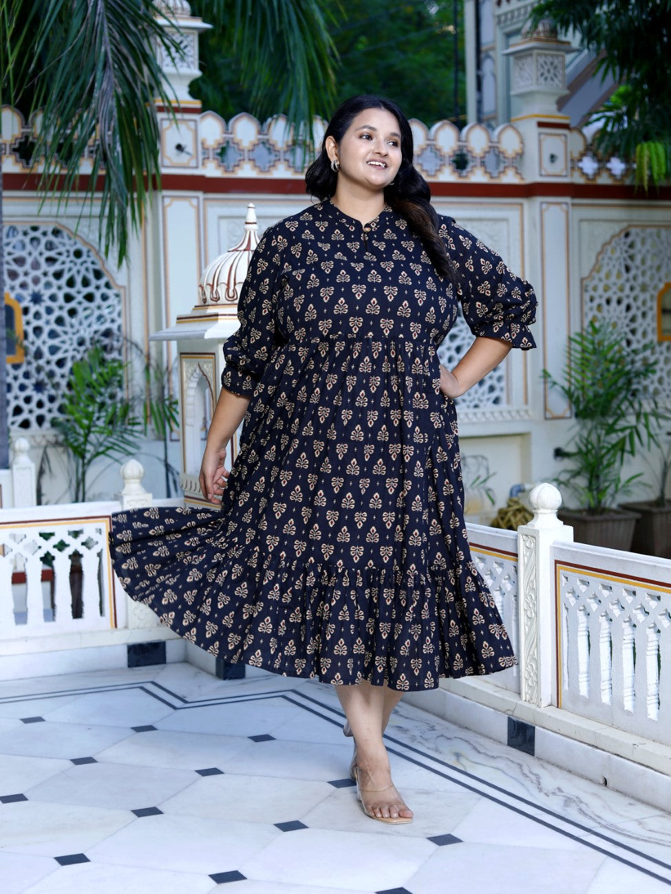 Plus Size Black Cotton Flared Frock Style-600017
