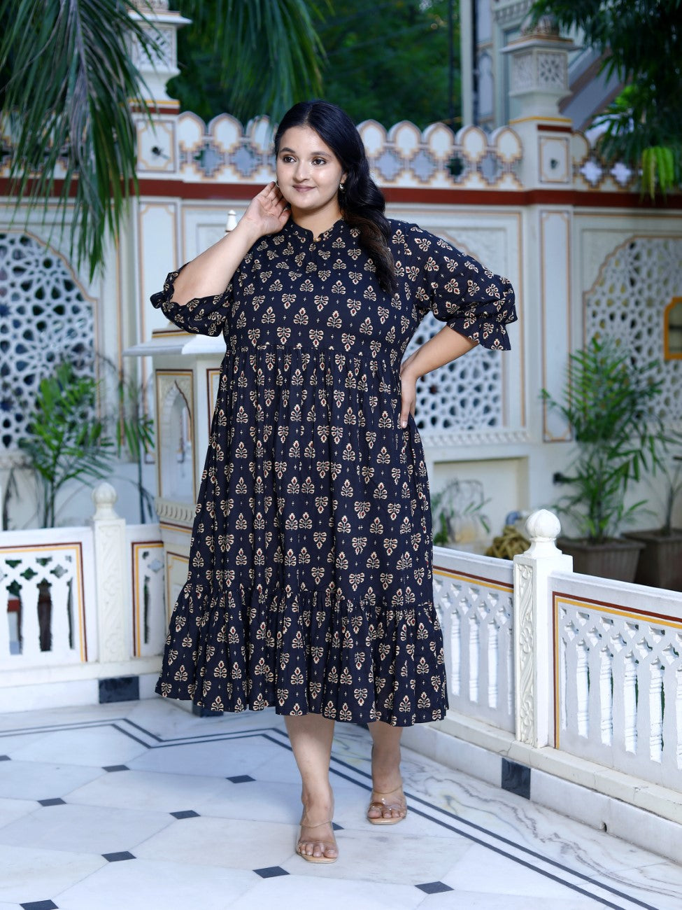 Plus Size Black Cotton Flared Frock Style-600017