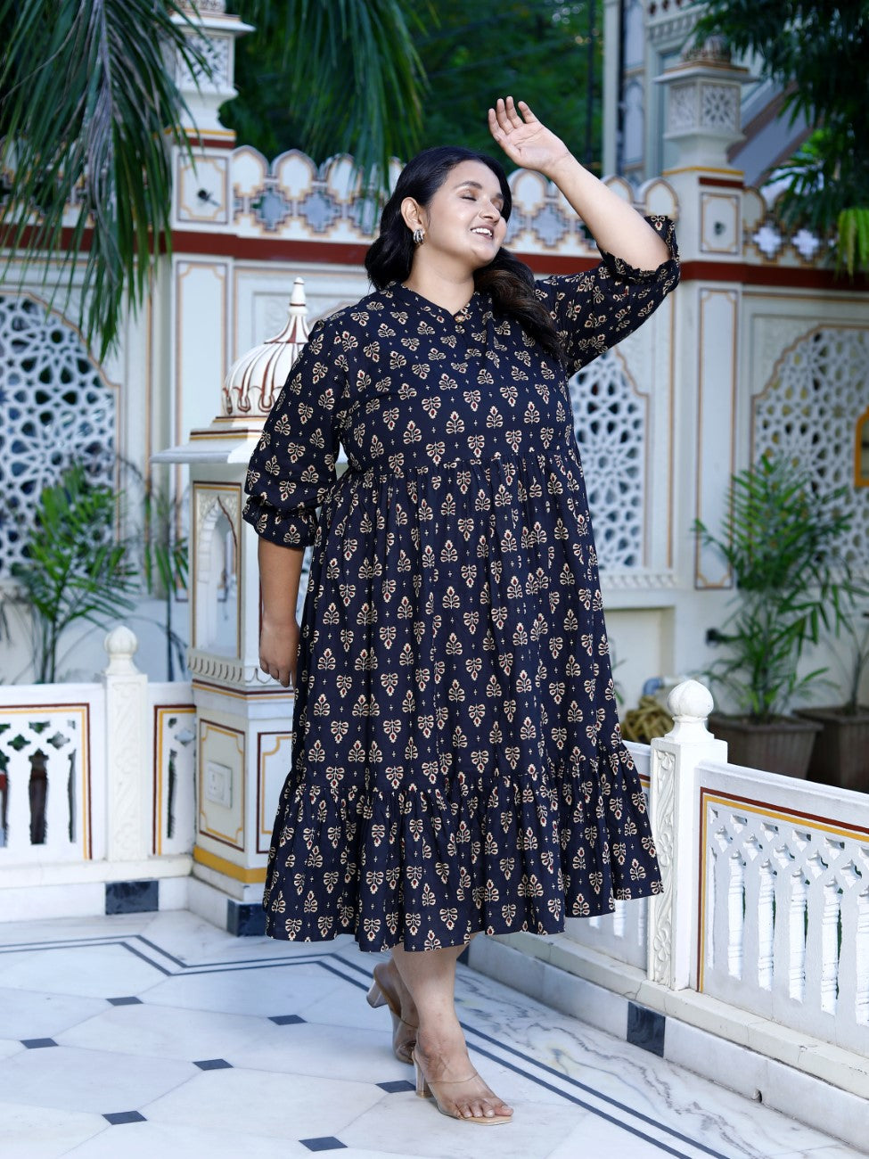 Plus Size Black Cotton Flared Frock Style-600017