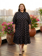 Black Cotton Flared Frock Style Plus Size-600017