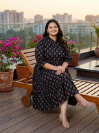 Black Cotton Flared Frock Style Plus Size-600017
