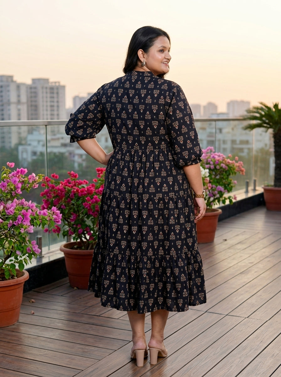 Black Cotton Flared Frock Style Plus Size-600017