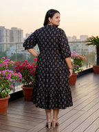 Black Cotton Flared Frock Style Plus Size-600017