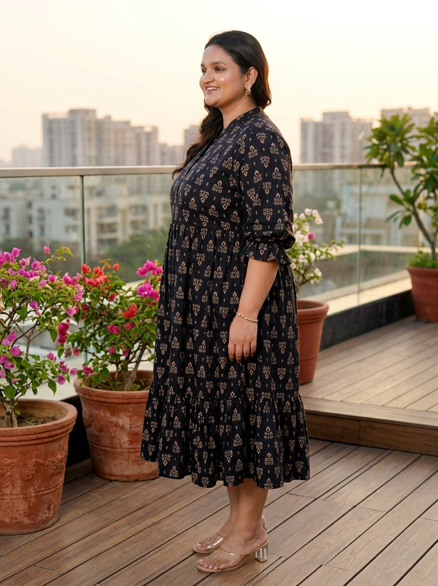 Black Cotton Flared Frock Style Plus Size-600017