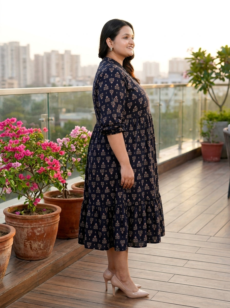 Black Cotton Flared Frock Style Plus Size-600017