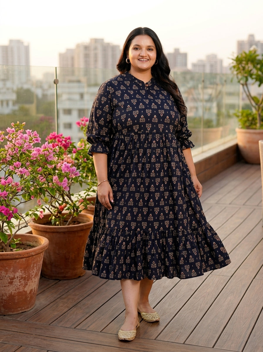 Black Cotton Flared Frock Style Plus Size-600017