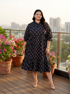 Black Cotton Flared Frock Style Plus Size-600017
