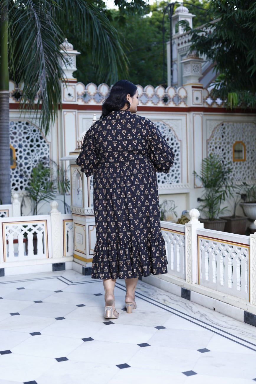 Plus Size Black Cotton Flared Frock Style-600017 Secondary image