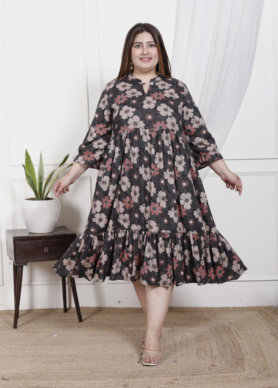 Plus Size Black Cotton Flared Frock Style-600019