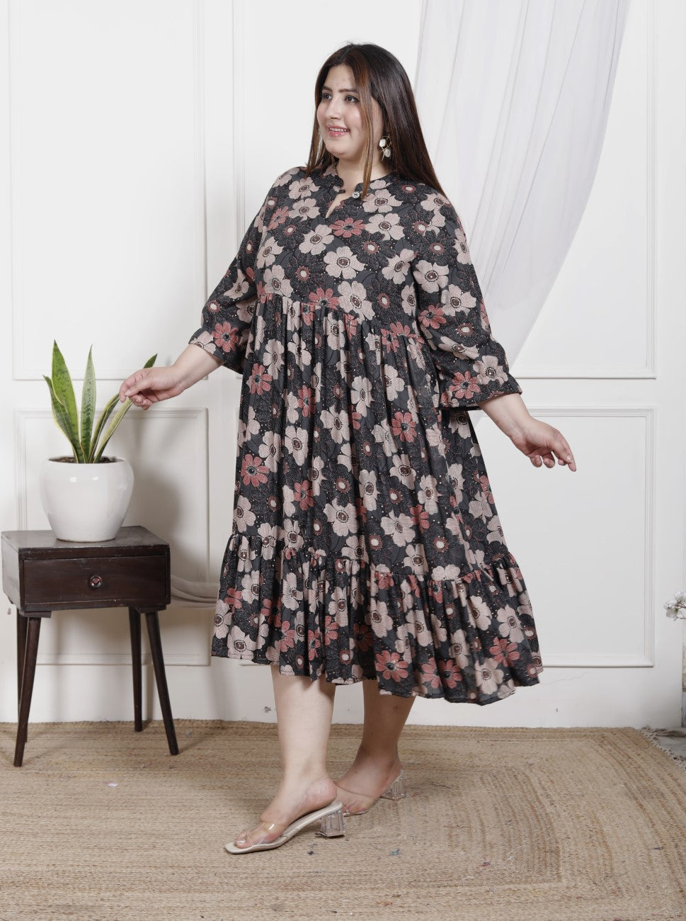 Plus Size Black Cotton Flared Frock Style-600019