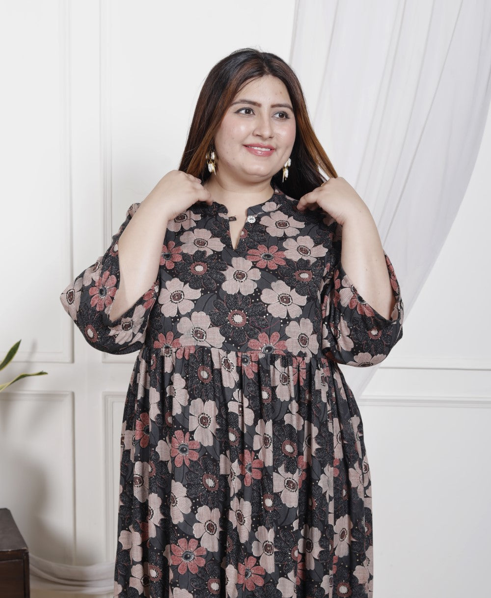 Plus Size Black Cotton Flared Frock Style-600019