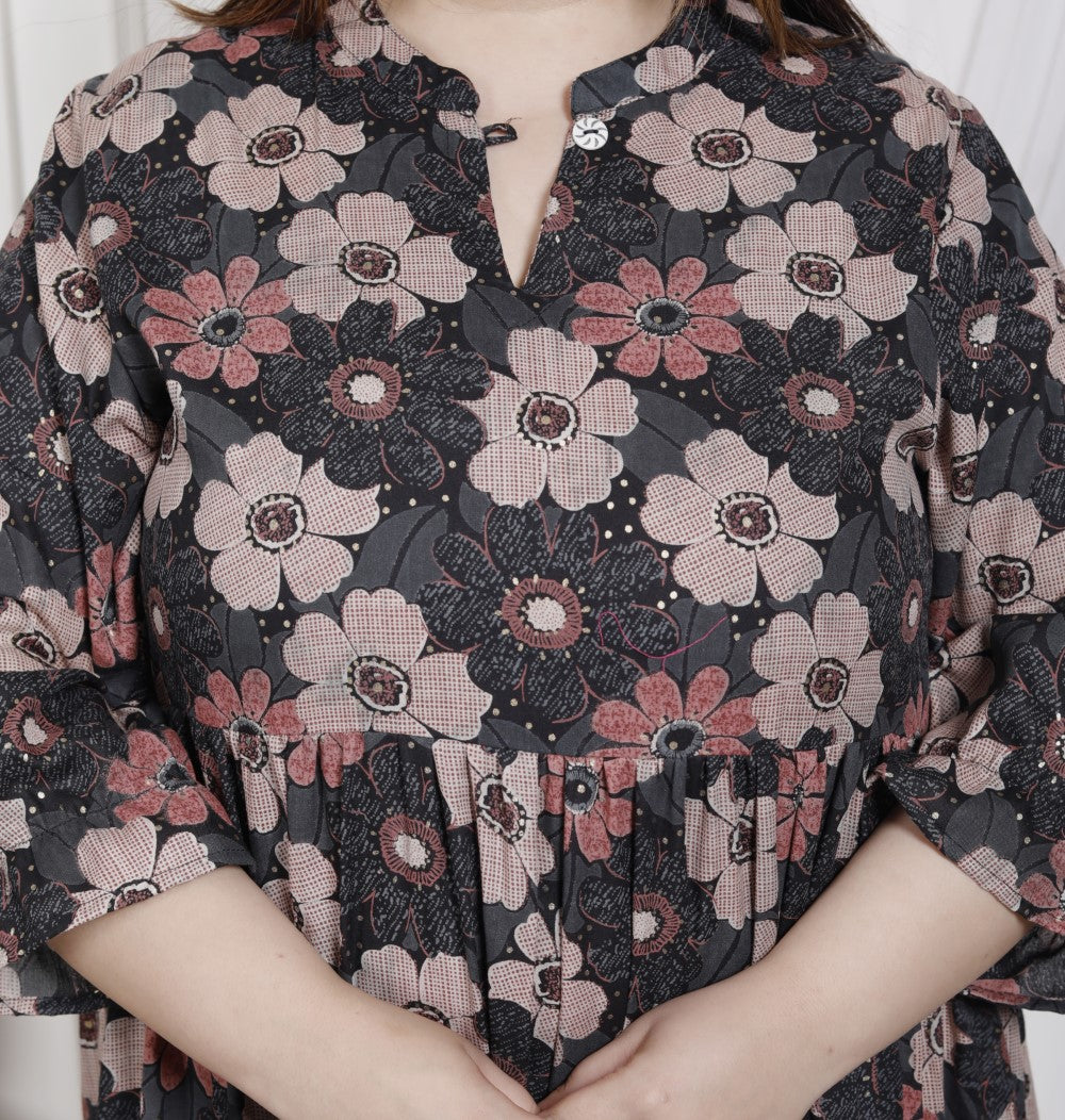 Plus Size Black Cotton Flared Frock Style-600019