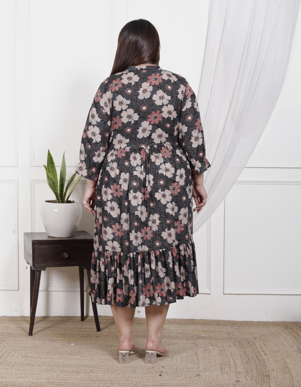 Plus Size Black Cotton Flared Frock Style-600019