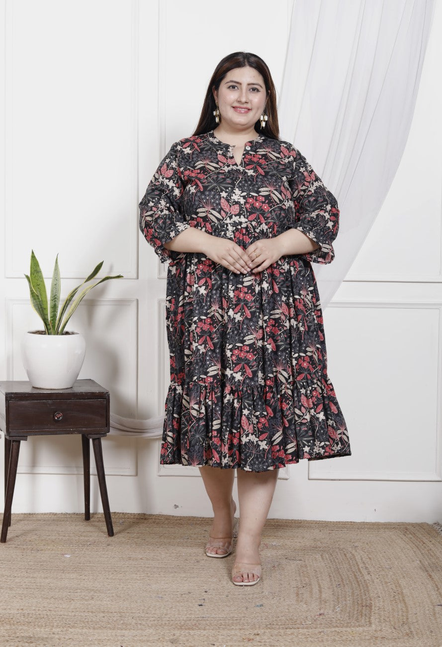 Plus Size Black Cotton Flared Frock Style-600020