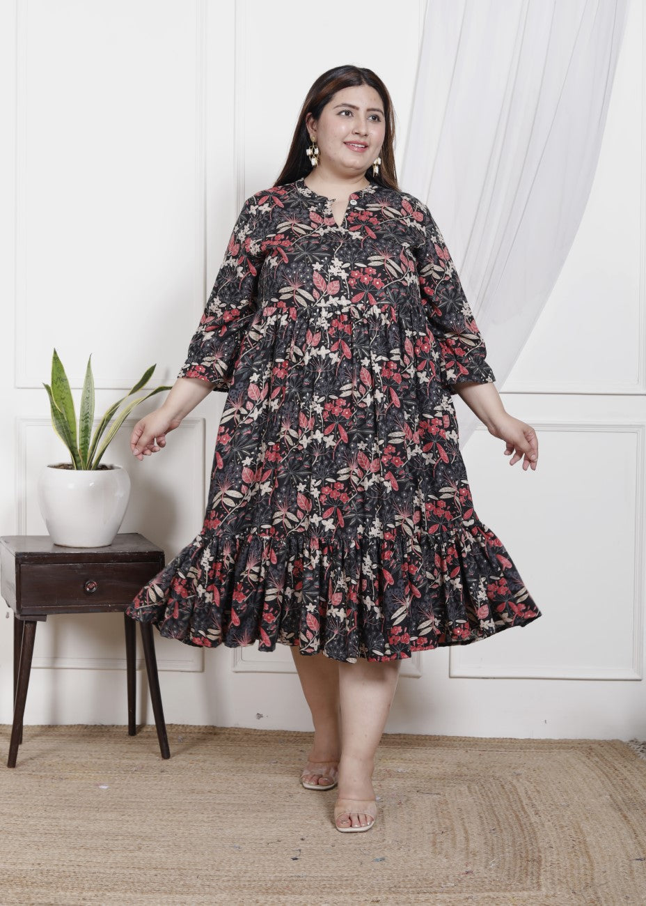 Plus Size Black Cotton Flared Frock Style-600020