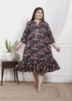 Plus Size Black Cotton Flared Frock Style-600020