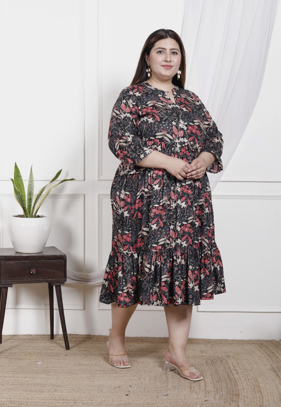 Plus Size Black Cotton Flared Frock Style-600020