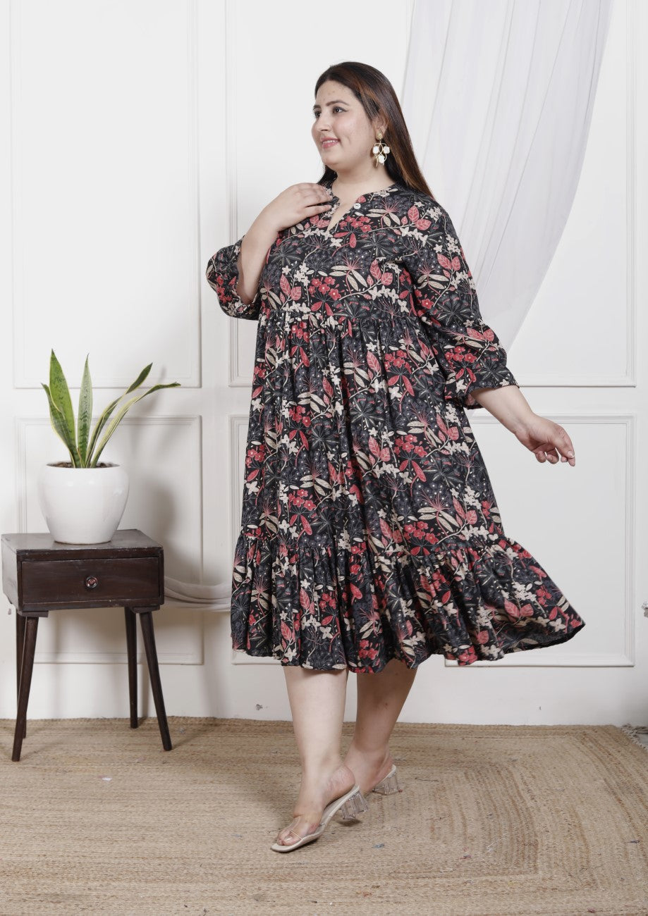 Plus Size Black Cotton Flared Frock Style-600020