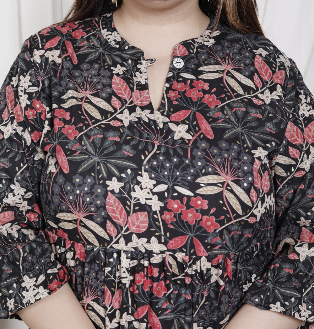 Plus Size Black Cotton Flared Frock Style-600020