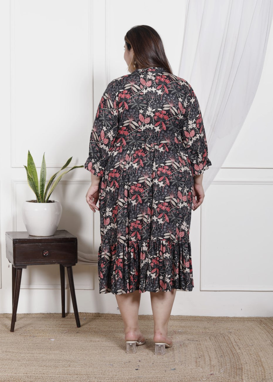 Plus Size Black Cotton Flared Frock Style-600020