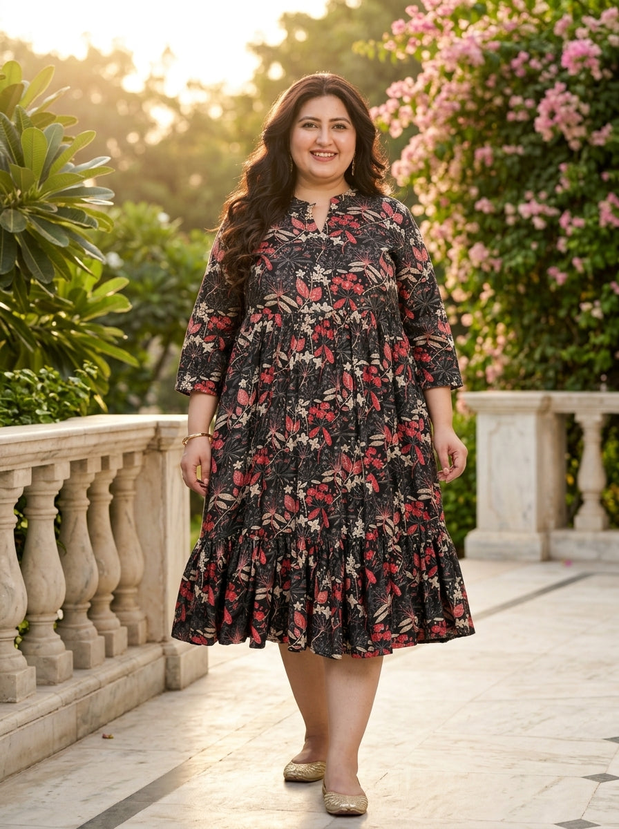 Plus Size Black Rayon Flared Frock Style-600020