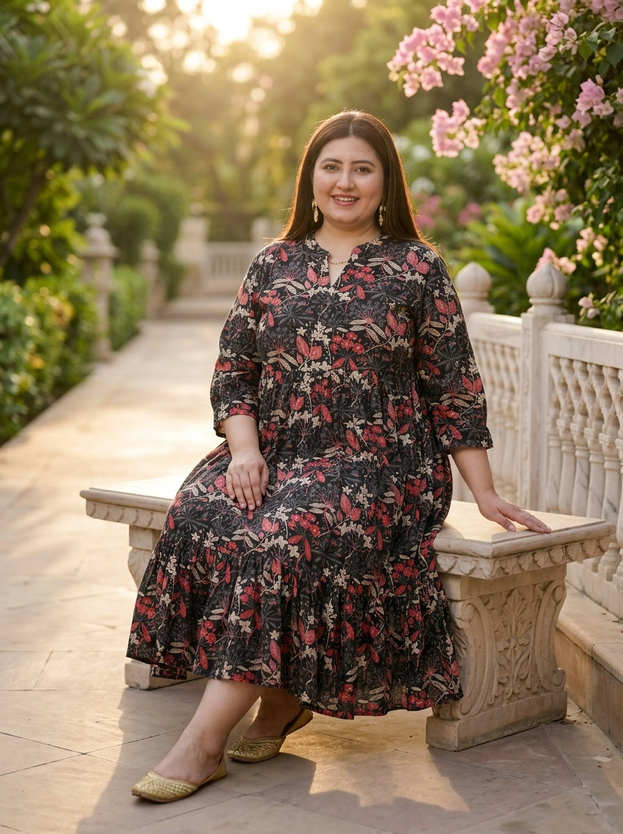 Plus Size Black Rayon Flared Frock Style-600020