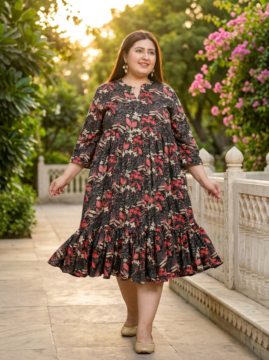 Plus Size Black Rayon Flared Frock Style-600020