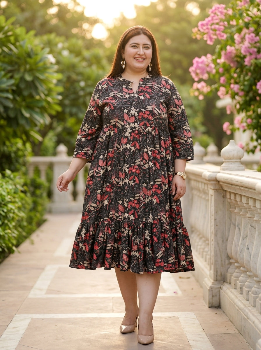 Plus Size Black Rayon Flared Frock Style-600020