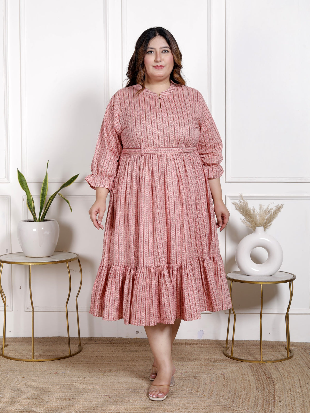 Plus Size Peach Cotton Flared Frock Style-600021