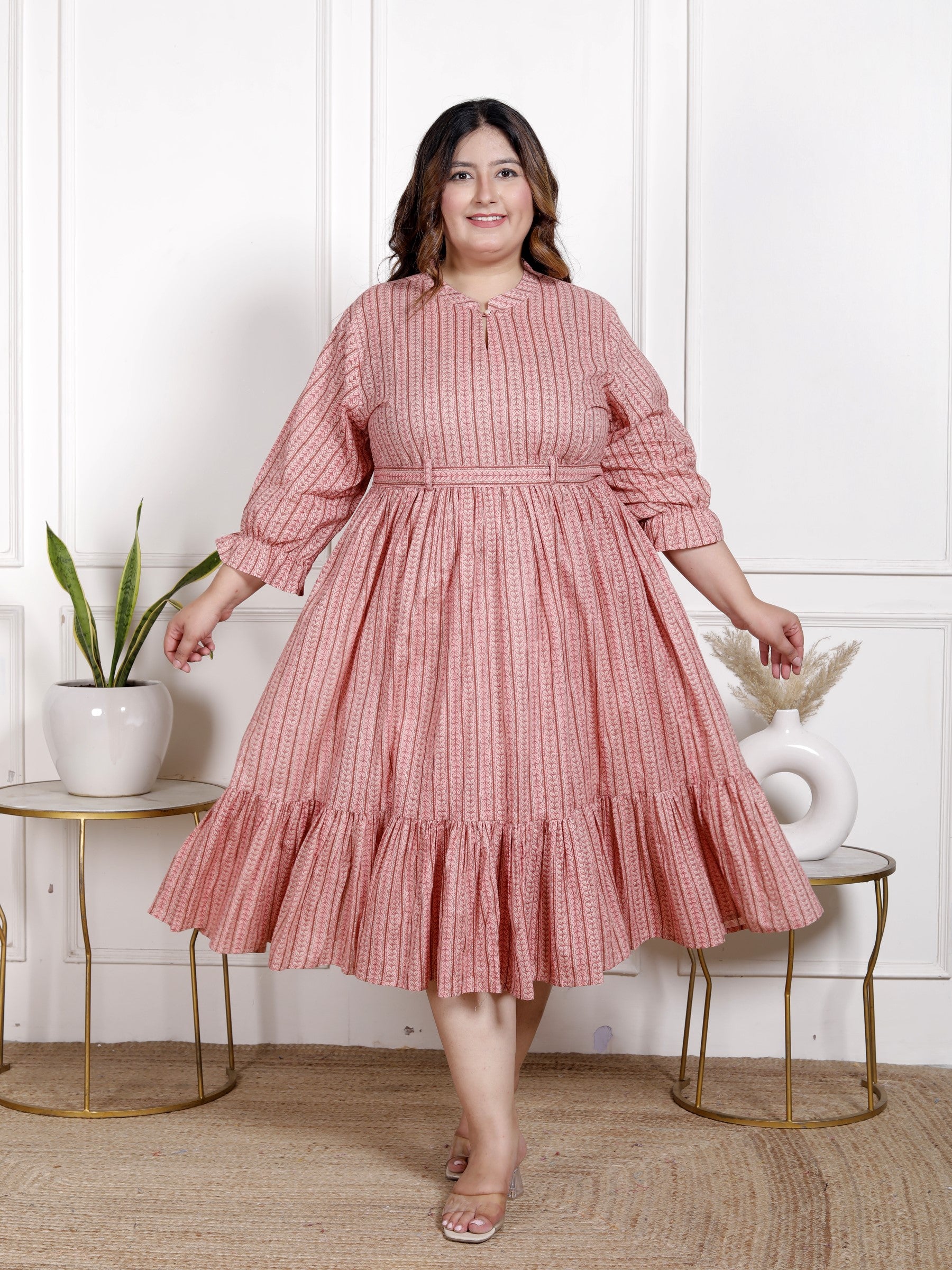 Plus Size Peach Cotton Flared Frock Style-600021