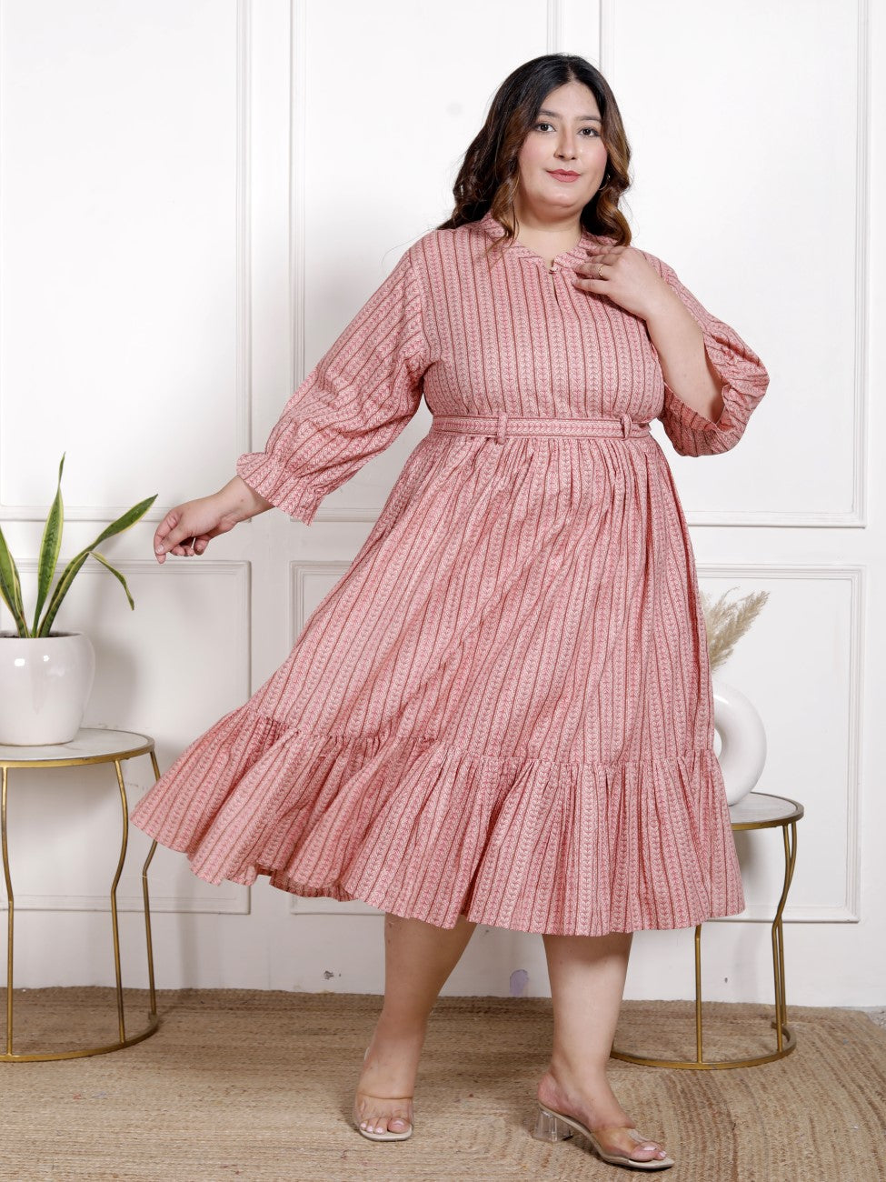 Plus Size Peach Cotton Flared Frock Style-600021
