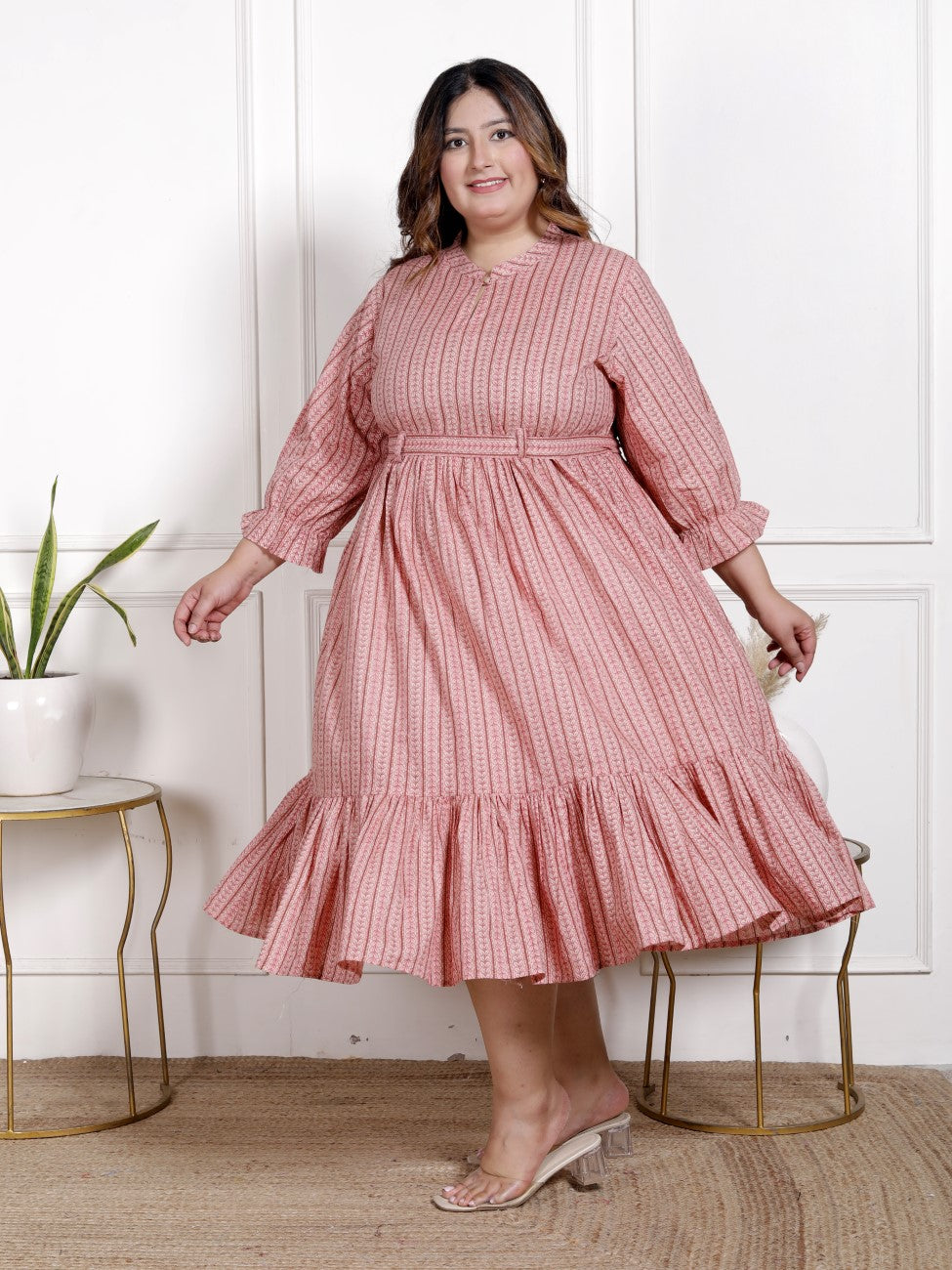 Plus Size Peach Cotton Flared Frock Style-600021