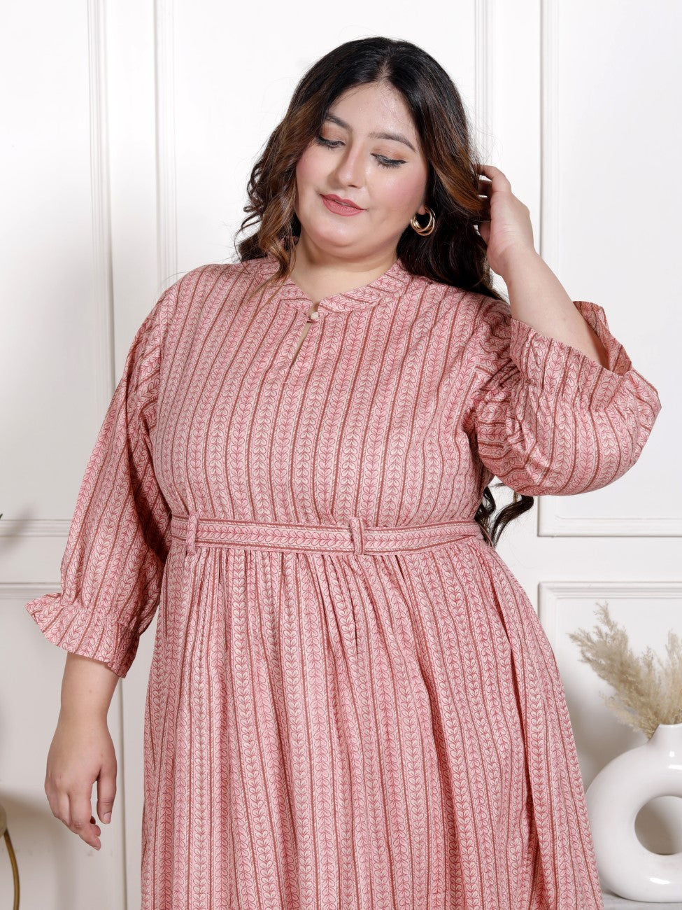 Plus Size Peach Cotton Flared Frock Style-600021