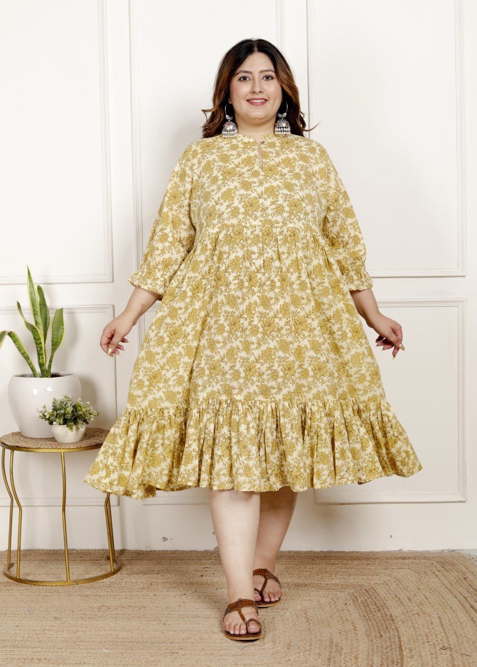 Plus Size Yellow Cotton  Flared Frock Style-600023