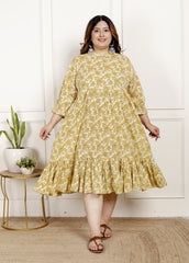 Plus Size Yellow Cotton  Flared Frock Style-600023