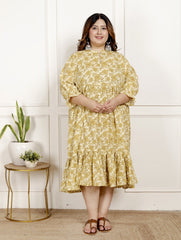 Plus Size Yellow Cotton  Flared Frock Style-600023
