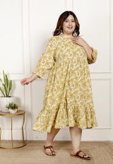Plus Size Yellow Cotton  Flared Frock Style-600023