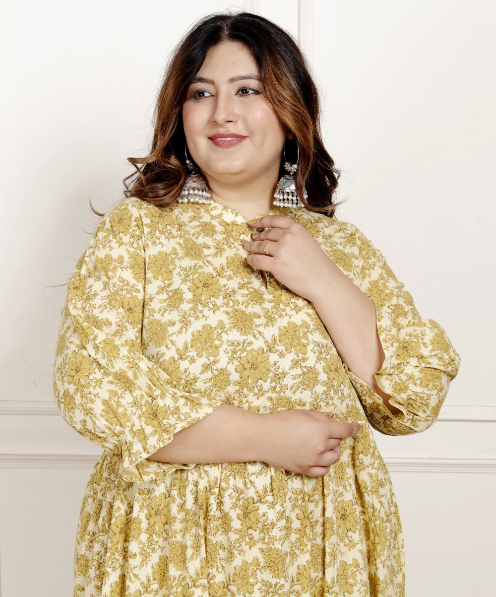 Plus Size Yellow Cotton  Flared Frock Style-600023
