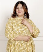 Plus Size Yellow Cotton  Flared Frock Style-600023