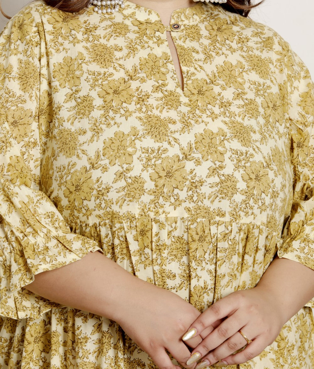 Plus Size Yellow Cotton  Flared Frock Style-600023