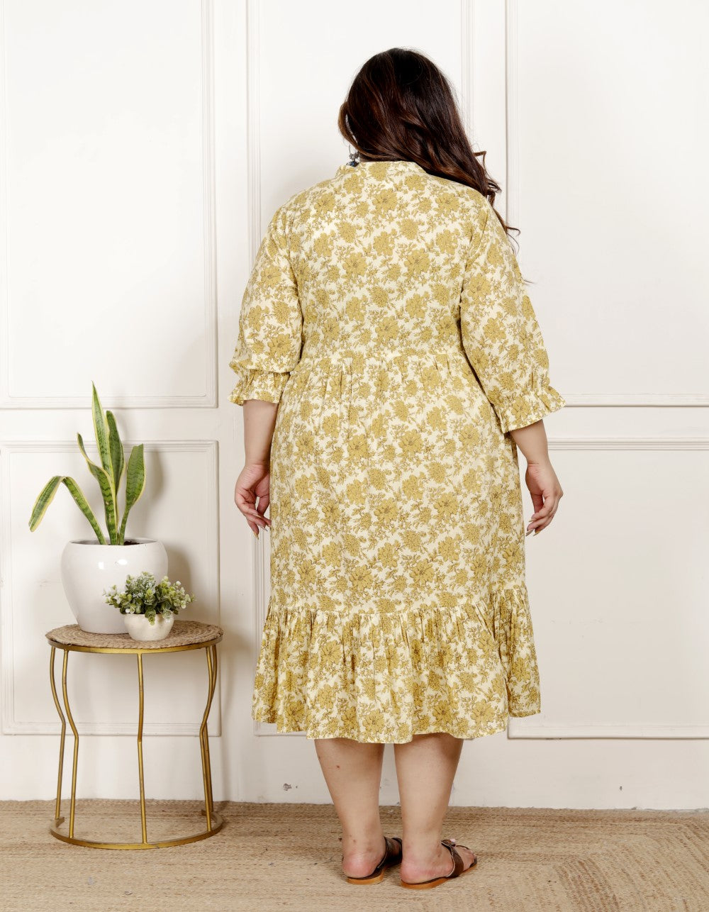Plus Size Yellow Cotton  Flared Frock Style-600023