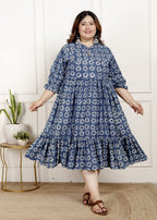 Plus Size Blue Cotton Blend Flared Frock Style-600024
