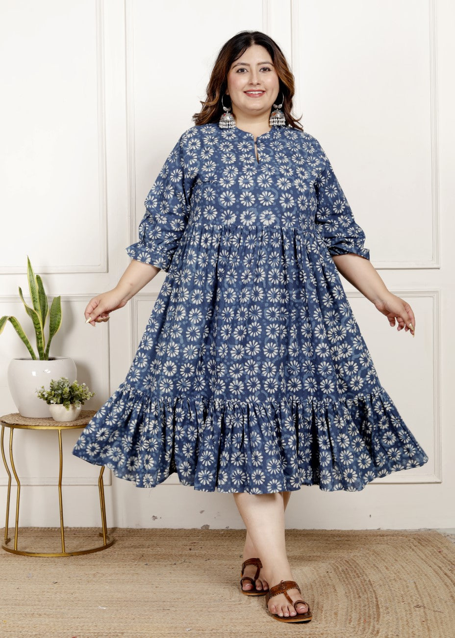 Plus Size Blue Cotton Blend Flared Frock Style-600024
