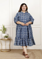 Plus Size Blue Cotton Blend Flared Frock Style-600024
